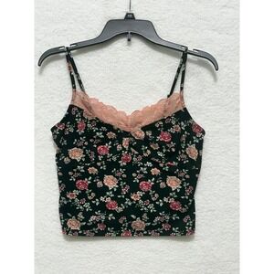 No Boundaries‎ Floral Lace Cami Top Black Pink Roses Crop Tank XS